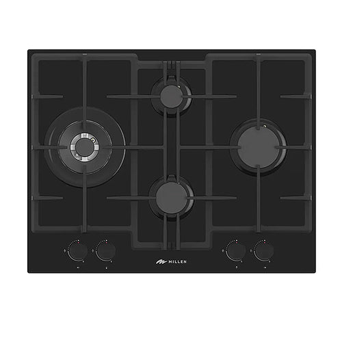 Millen 65cm Built-in Gas Hob MGHG 6503 BL in Black Glass, 4 Burners 9700W, 3 Year Warranty