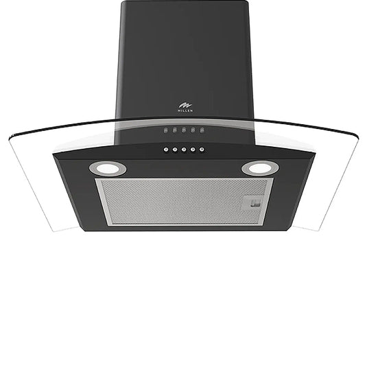 Millen Black Chimney Range Hood MKHG 603 BL Curved Glass 65W, 3 Year Warranty