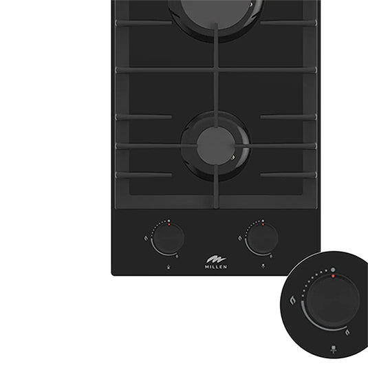 Millen 30cm Built-in 2 Burner Gas Hob MGHG 3002 BL Black Glass Finish 3900W