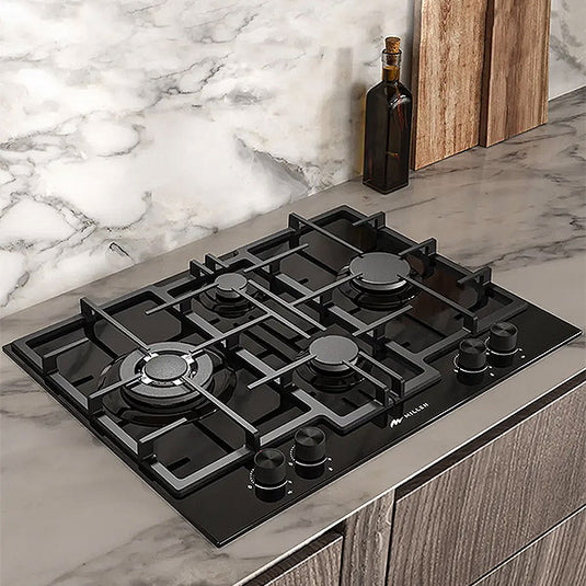 Millen 65cm Built-in Gas Hob MGHG 6503 BL in Black Glass, 4 Burners 9700W, 3 Year Warranty