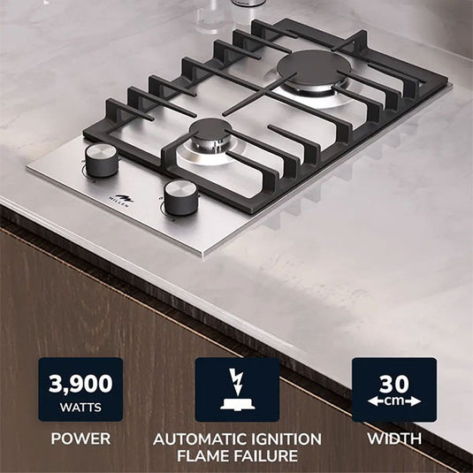 Millen 30cm Built-in 2 Burner Gas Hob MGH 3001 IX Stainless Steel 3900W, 3 Year Warranty