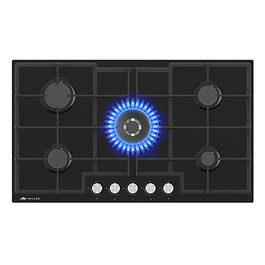 Millen 90cm Built-in Gas Hob MGHG 9002 BL 5 Burners Black Glass Finish 12100W, 3 Year Warranty