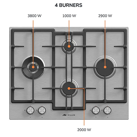 Millen 65cm Built-in 4 Burners Gas Hob MGH 6501 IX Stainless Steel Finishing 9700W, 3 Year Warranty