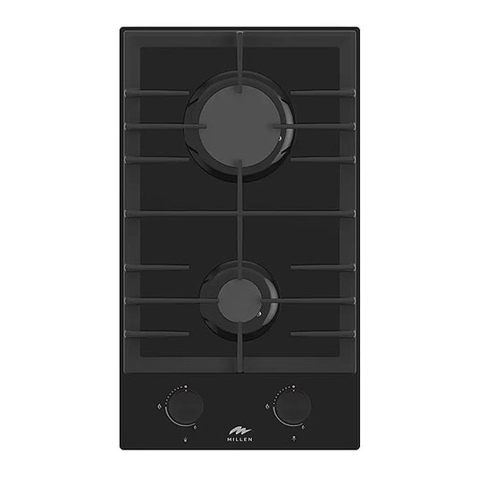 Millen 30cm Built-in 2 Burner Gas Hob MGHG 3002 BL Black Glass Finish 3900W Gas Cooktop, 3 Year Warranty