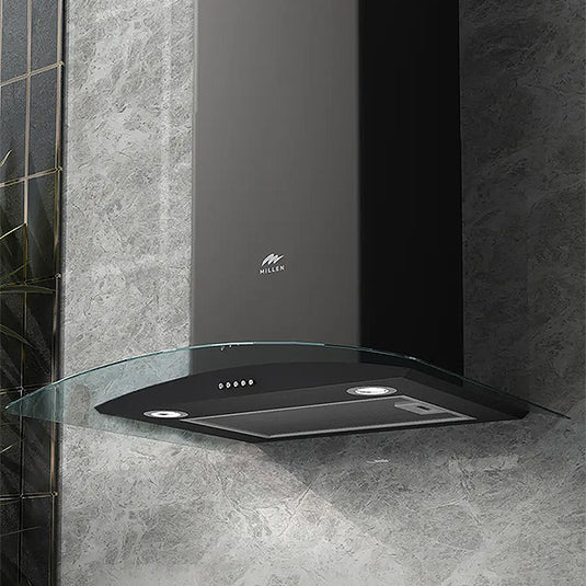 Millen Black Chimney Range Hood MKHG 603 BL Curved Glass 65W, 3 Year Warranty