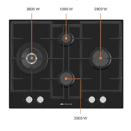 Millen 65cm Built In Gas Hob MGHG 6502 BL With 4 Heating Zones 9700W, 3 Year Warranty