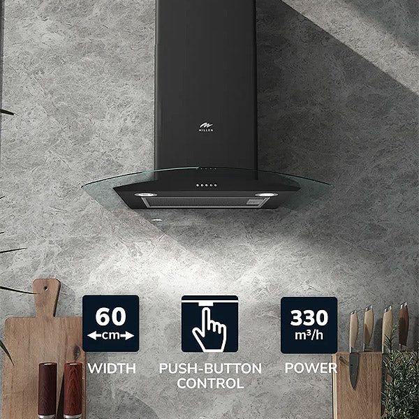 Load image into Gallery viewer, Millen Black Chimney Range Hood MKHG 603 BL Curved Glass 65W, 3 Year Warranty
