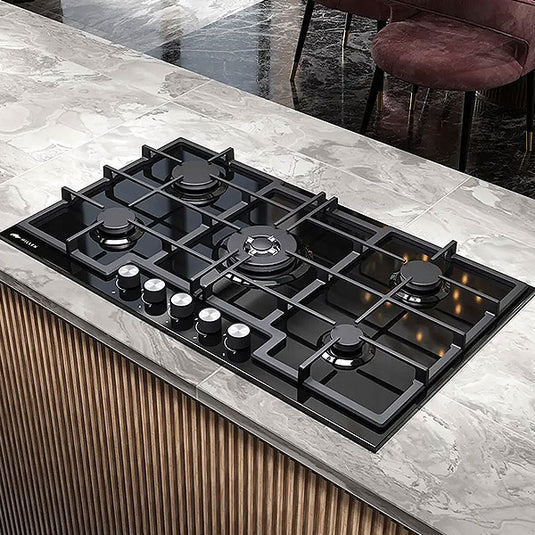 Millen 90cm Built-in Gas Hob MGHG 9002 BL 5 Burners Black Glass Finish 12100W, 3 Year Warranty