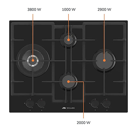 Millen 65cm Built-in Gas Hob MGHG 6503 BL in Black Glass, 4 Burners 9700W, 3 Year Warranty